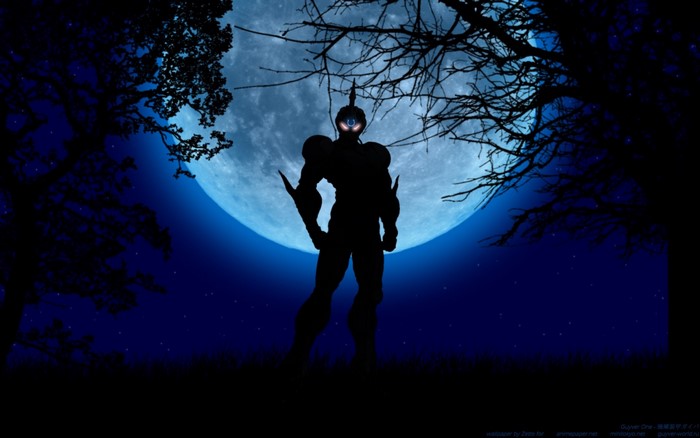 Guyver Unit 1 silhouette against a large moon
