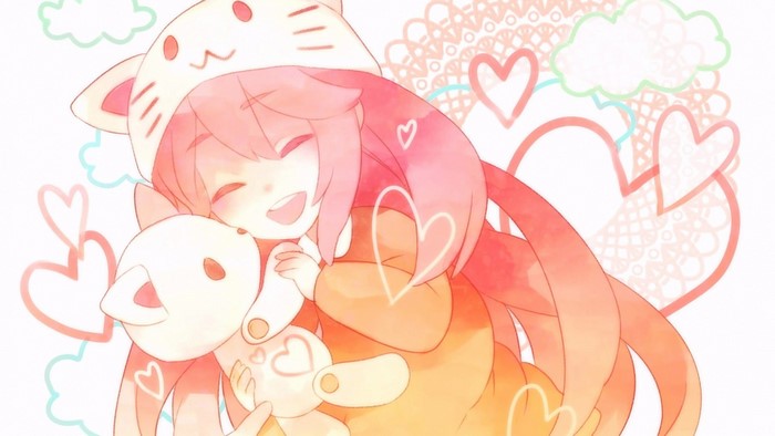 Anime girl with pink hair wearing cat hat holding stuffed cat