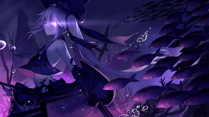 Anime girl in a hat underwater with fish