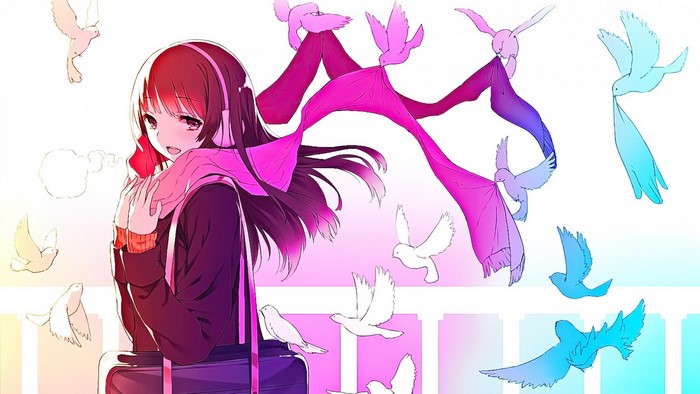 Anime girl with headphones and scarf surrounded by birds