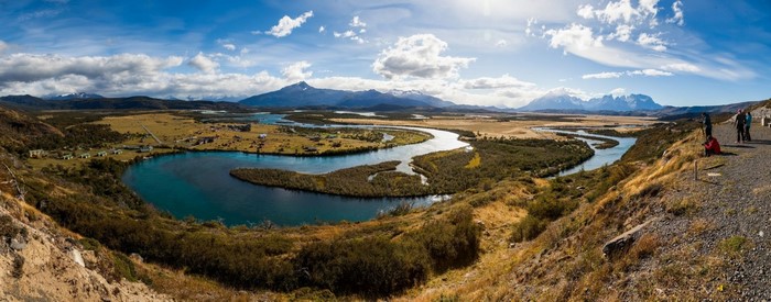 Panoramic view of a winding river and mountains in Patagonia, Chile