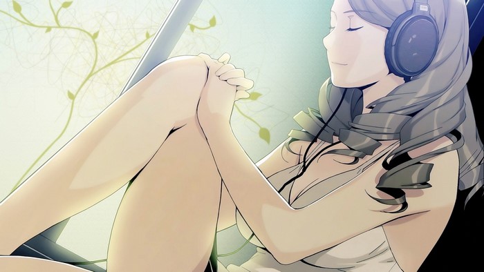 Anime girl with headphones listening to music