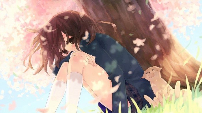 Anime girl crying under cherry blossom tree with dog