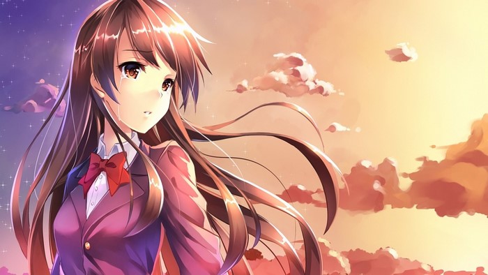 Anime girl with long brown hair and red bow