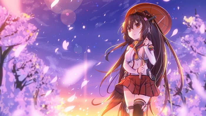 Yamato from Kantai Collection with umbrella under cherry blossoms