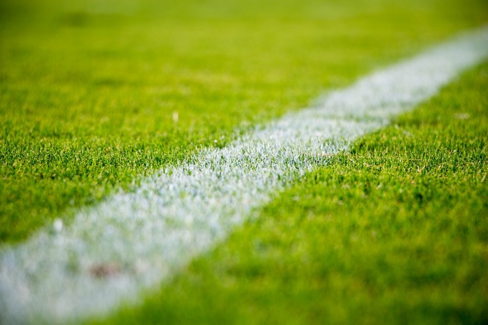 Close-up of a white line on a green soccer field