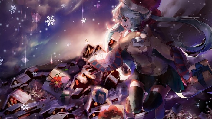 Anime girl in Christmas hat with presents in snowy village