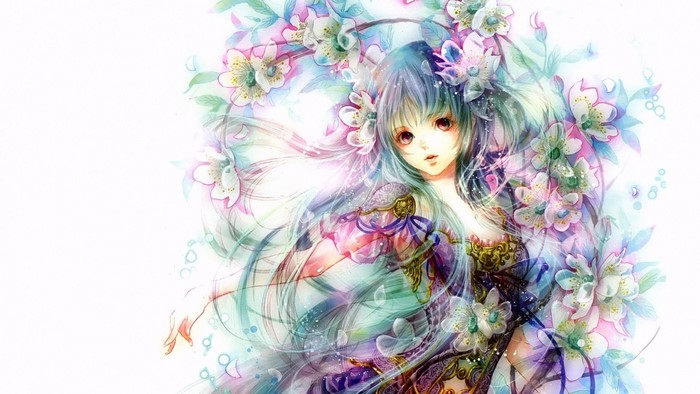 Anime girl with long blue hair and flowers