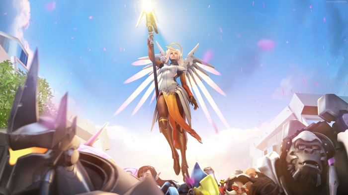 Mercy from Overwatch in a crowd