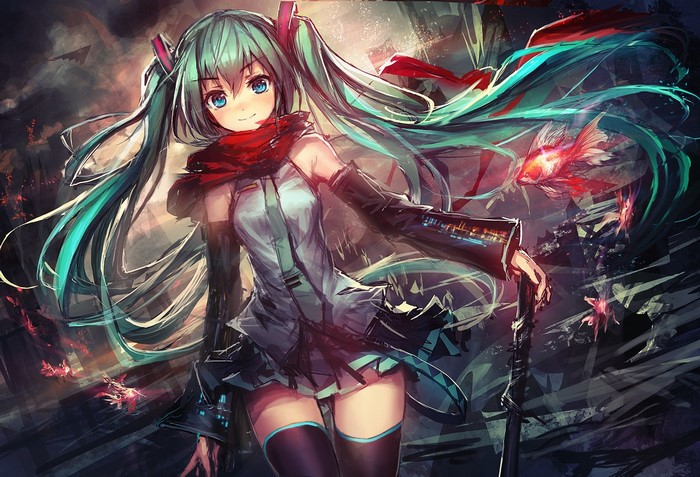 Hatsune Miku with Aqua Hair and Red Scarf
