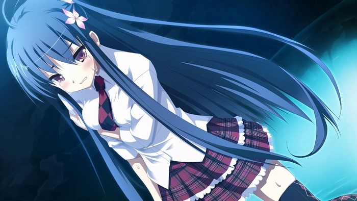 Anime girl with long blue hair crying