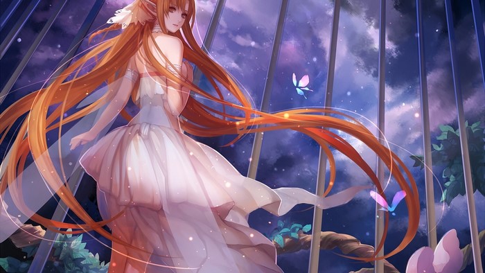 Asuna Yuuki from Sword Art Online in a white dress with butterflies
