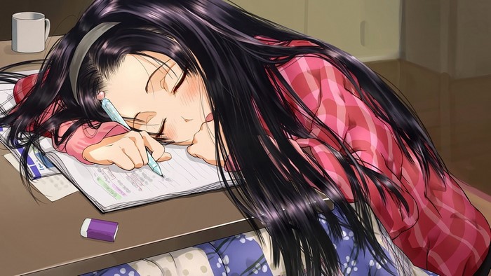Anime girl sleeping while studying at a desk