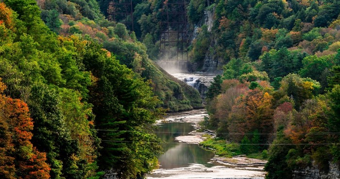 Autumn forest valley with a river and waterfall