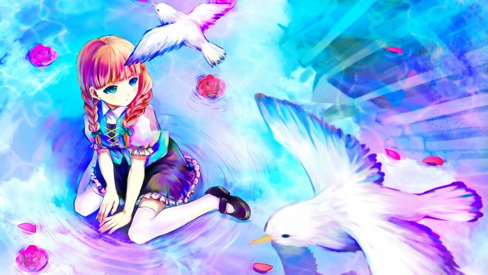 Anime girl with birds and roses in water