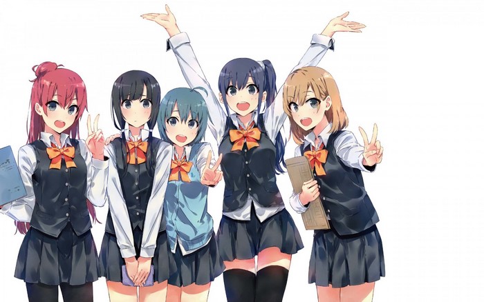 Anime girls in school uniforms posing together