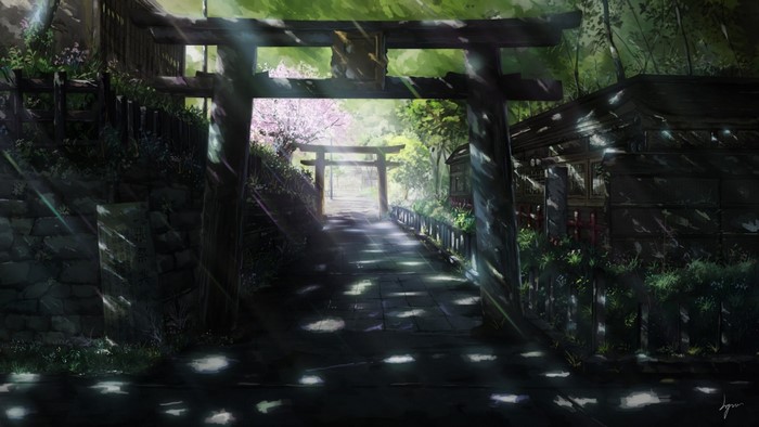 Anime landscape with torii gates and cherry blossoms