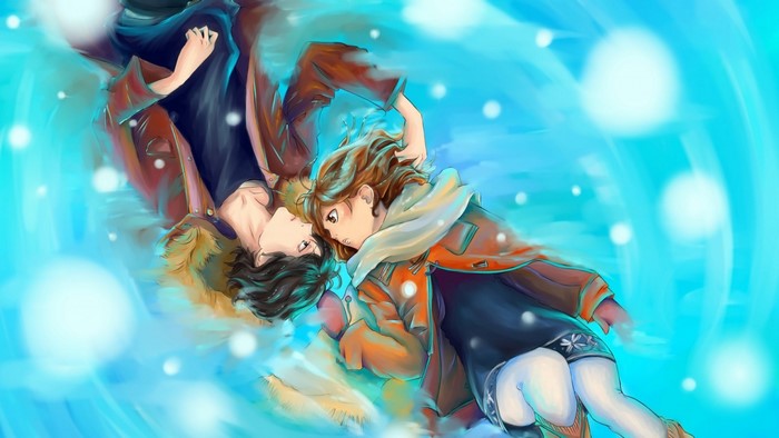 Anime couple lying down in blue water