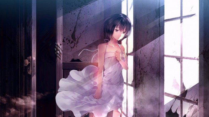 Anime girl in a white dress standing by a broken window