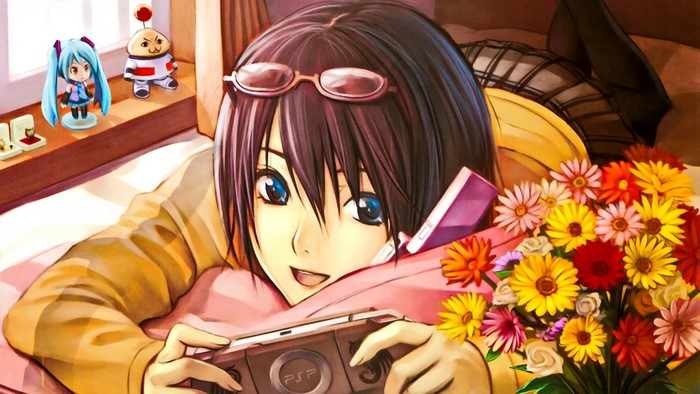Anime girl with glasses playing PSP with flowers
