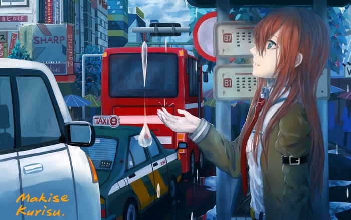 Makise Kurisu from Steins;Gate in a rainy city