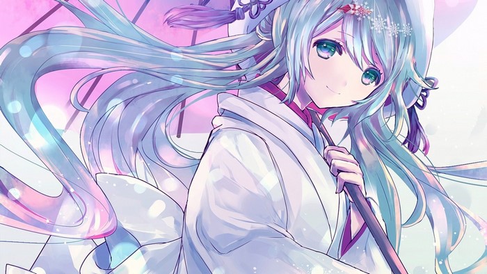 Anime girl with long blue hair holding an umbrella