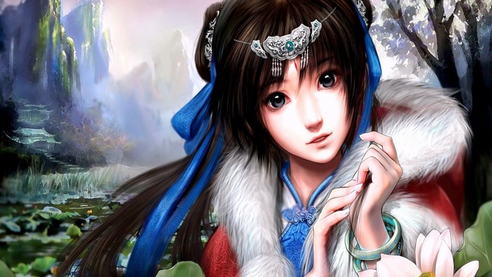Anime girl with long dark hair and blue ribbons