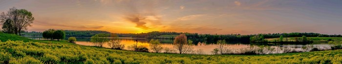 Panoramic sunset over a lake with yellow fields