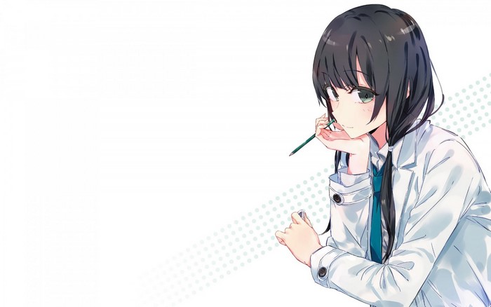 Anime girl in lab coat holding pencil
