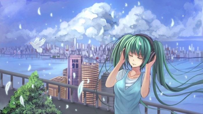 Hatsune Miku listening to music with headphones overlooking city