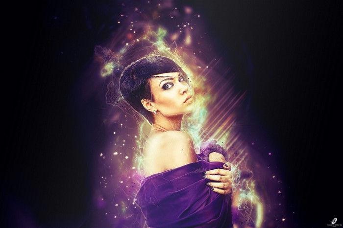 Woman with short hair and purple shawl with light effects