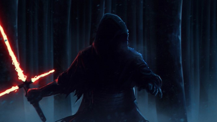 Kylo Ren from Star Wars holding a lightsaber in a forest