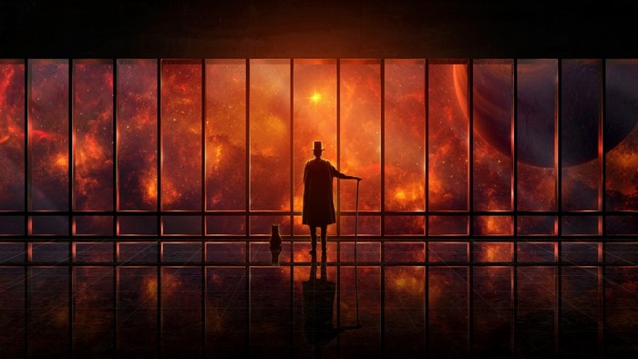 Man in top hat and cat looking at space through window