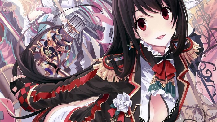 Anime girl with black hair and red eyes holding a microphone