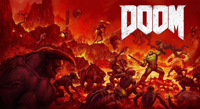 Doom Slayer fighting demons in hell