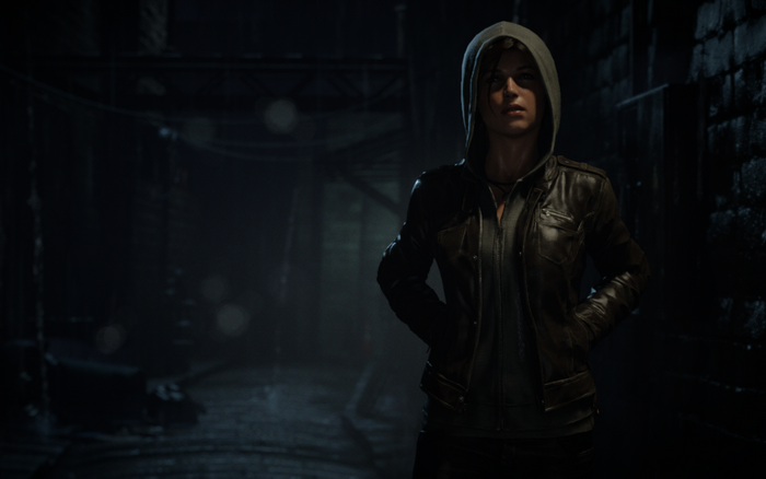 Lara Croft from Tomb Raider in a dark alley