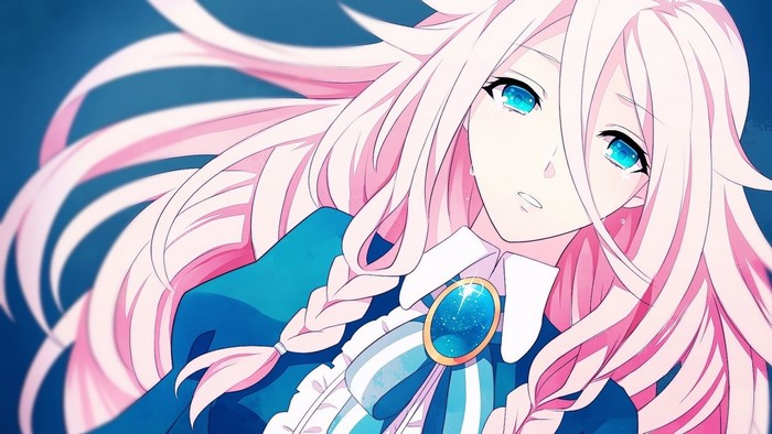 Anime girl with pink hair and blue eyes crying
