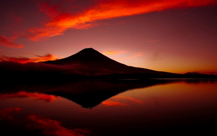 Mount Fuji at Fiery Red Sunset Reflection
