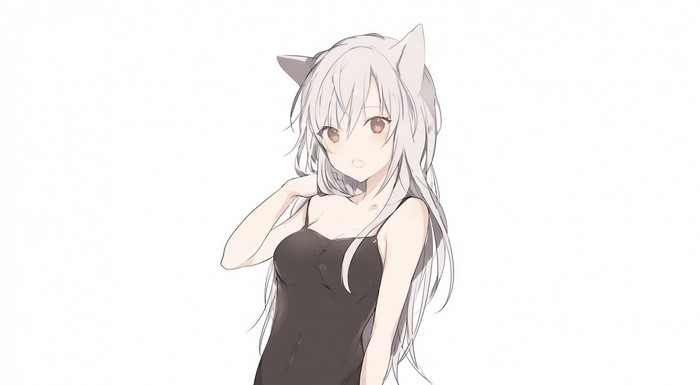 Anime girl with white hair and cat ears