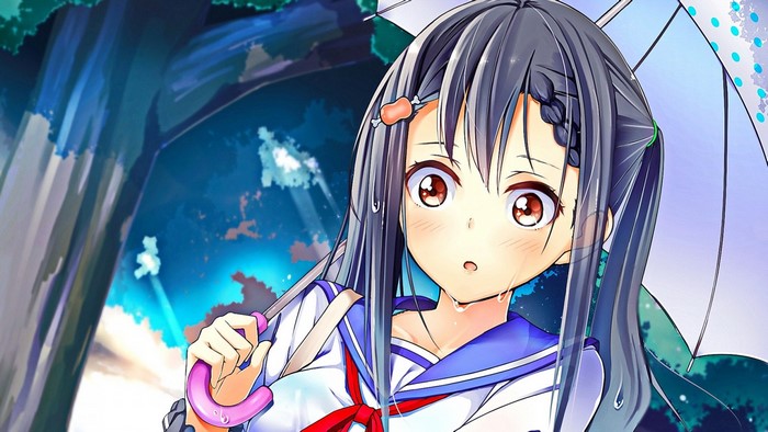 Anime girl with umbrella in forest