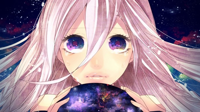 IA Vocaloid holding a planet with galaxy eyes