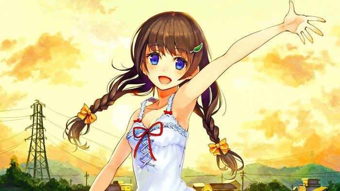 Anime girl with braids and blue eyes waving