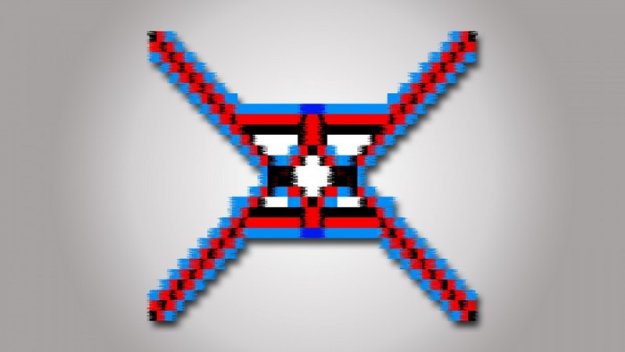 Pixelated abstract symbol with red, blue, and white colors
