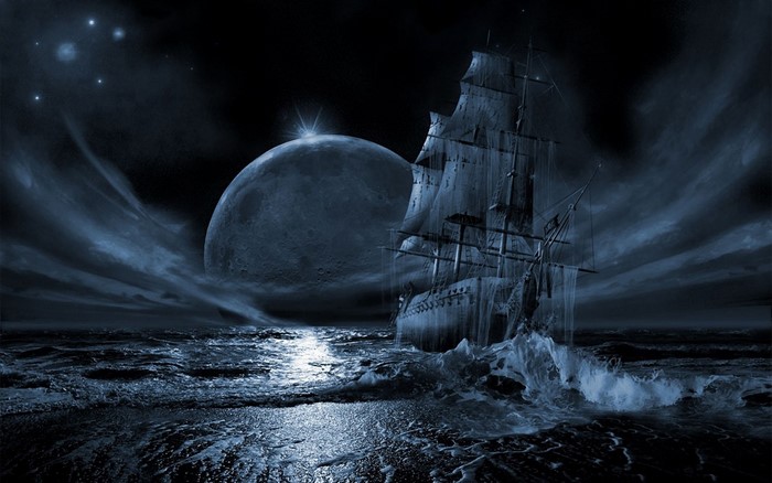 Ghost Ship Sailing Under Moonlit Night Sea