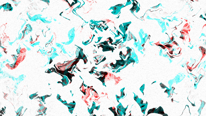 Abstract marbled shapes with red and cyan on white