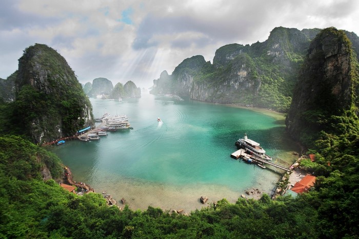 Ha Long Bay, Vietnam with boats and limestone karsts