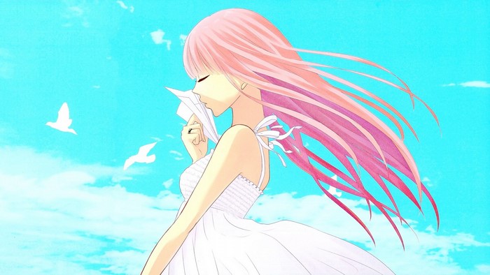 Anime girl with pink hair holding a paper airplane against a blue sky