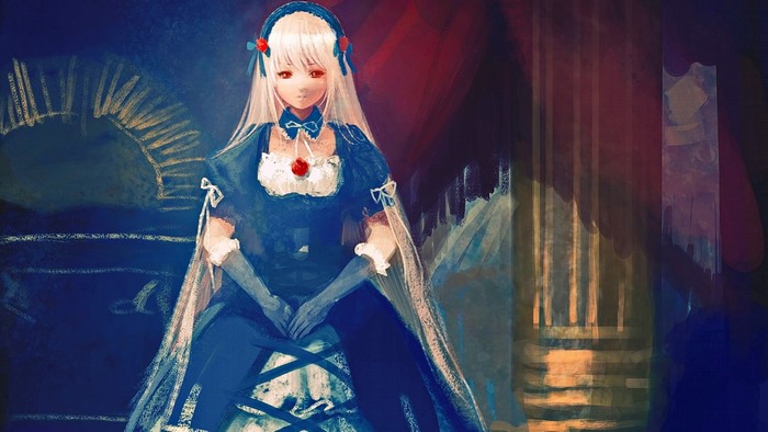 Anime girl with long white hair and red eyes in a blue dress