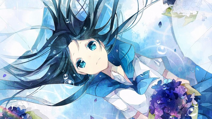 Anime girl with long dark hair and blue eyes underwater with flowers
