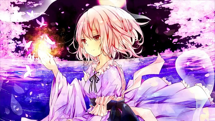 Saigyouji Yuyuko from Touhou with pink hair and red eyes